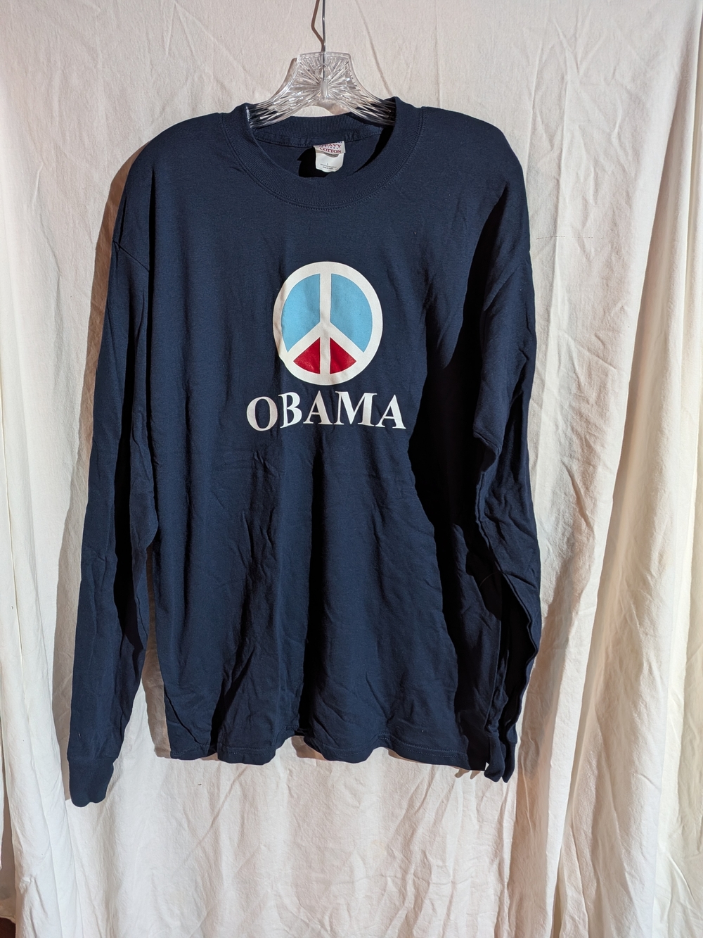 Barack Obama Peace Sign Graphic Long Sleeve T-shirt In Blue Size Large